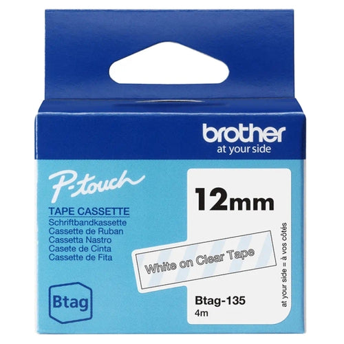 Brother Btag-135 Cinta 12mm - Texto Blanco sobre Fondo Transparente - Medidas 12