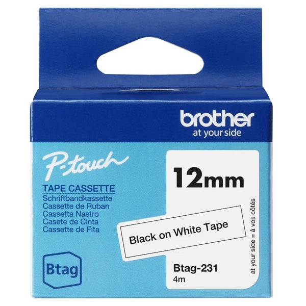 Brother Btag-231 Cinta 12mm - Texto Negro sobre Fondo Blanco - Medidas 12mmx4 Me