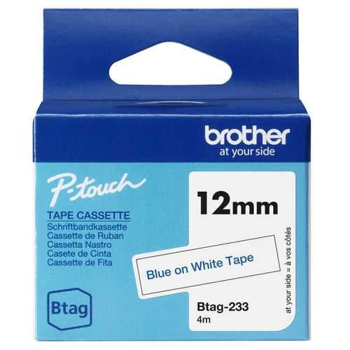 Brother Btag-233 Cinta 12mm - Texto Azul sobre Fondo Blanco - Medidas 12mmx4 Met