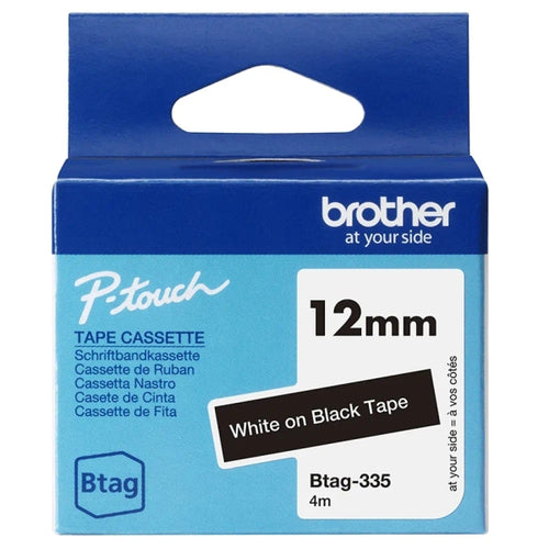 Brother Btag-335 Cinta 12mm - Texto Blanco sobre Fondo Negro - Medidas 12mmx4 Me