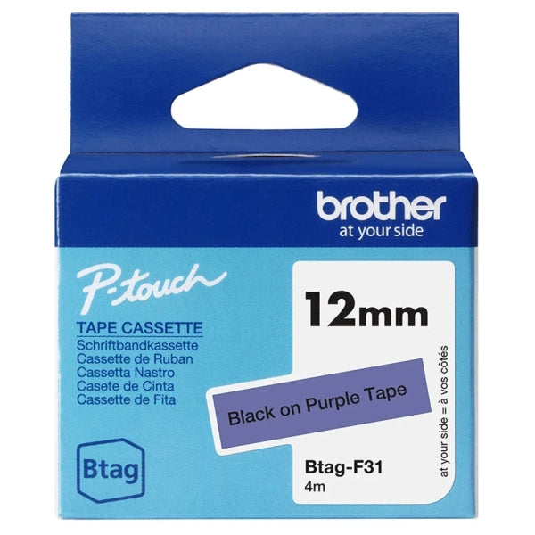 Brother Btag-F31 Cinta 12mm - Texto Negro sobre Fondo Morado - Medidas 12mmx4 Me