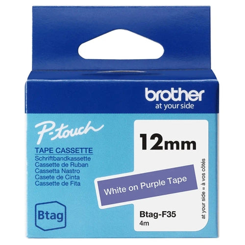 Brother Btag-F35 Cinta 12mm - Texto Blanco sobre Fondo Morado - Medidas 12mmx4 M