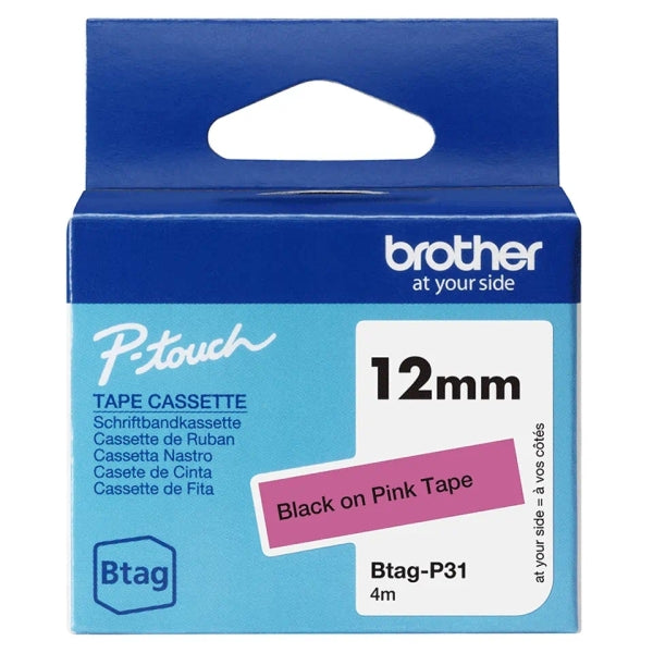 Brother Btag-P31 Cinta 12mm - Texto Negro sobre Fondo Rosa - Medidas 12mmx4 Metr
