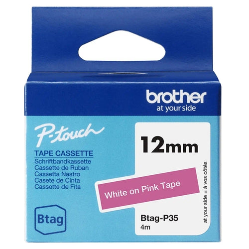 Brother Btag-P35 Cinta 12mm - Texto Blanco sobre Fondo Rosa - Medidas 12mmx4 Met