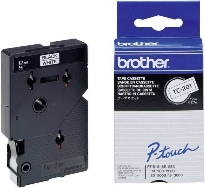 Brother TC201 Cinta Laminada Original para Rotuladora - Texto Negro sobre Fondo 