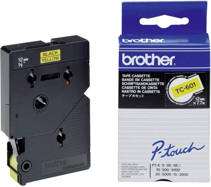 Brother TC601 Cinta Laminada Original para Rotuladora - Texto Negro sobre Fondo 