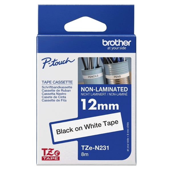 Brother TZEN231 Cinta No Laminada Original - Texto Negro sobre Fondo Blanco - An