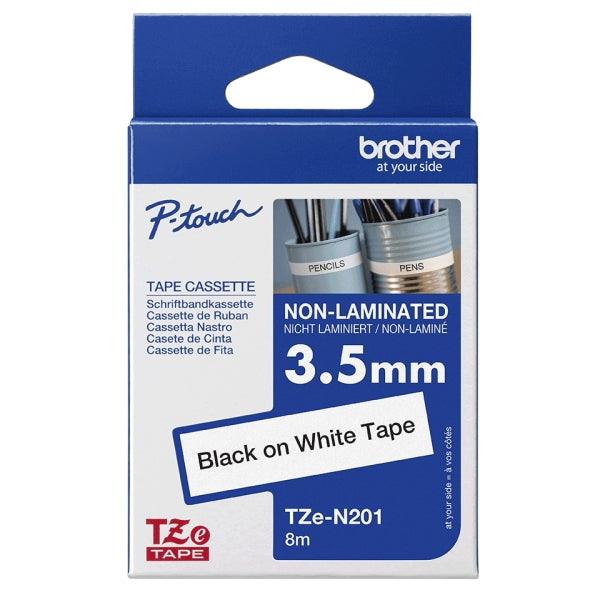 Brother TZEN201 Cinta No Laminada Original - Texto Negro sobre Fondo Blanco - An